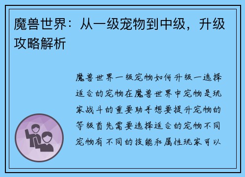 魔兽世界：从一级宠物到中级，升级攻略解析